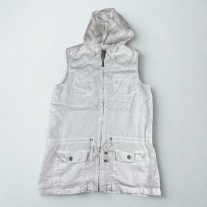 White Linen Hooded Utility Vest M Zip Cargo Pockets Drawstring Waist Casual Chic